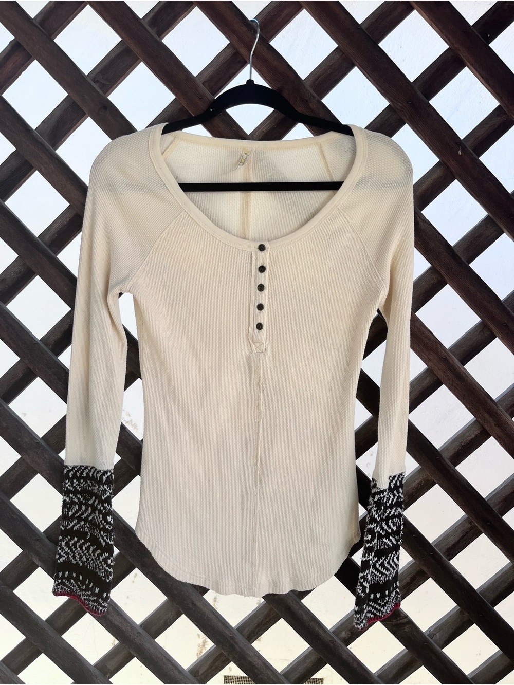 Free People Thermal Henley Top with Patterned Cuff Details